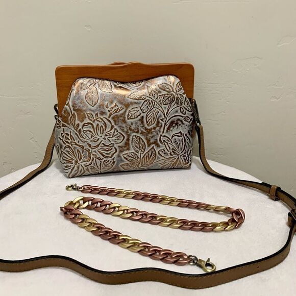 Handmade Genuine Cowhide Floral Embossed, Wooden Frame Bag & 2 Strap Styles - Picture 5 of 16